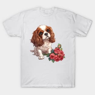 Valentine Cavalier King Charles Spaniel Dog Giving Flowers T-Shirt